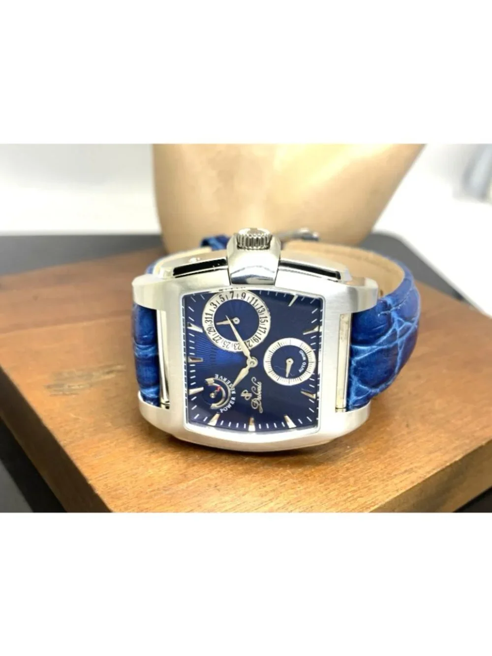 Duboule Men's Watch 2489-3 Automatic Blue Dial Power Reserve Leather Strap 40mm